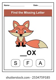 Children's worksheet with Find the Missing Letter game with a cut fox illustration. Kids fill in the missing letter from the word FOX using the provided options. Perfect for early learners.
