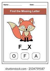 Children's worksheet with Find the Missing Letter game with a cut fox illustration. Kids fill in the missing letter from the word FOX using the provided options. Perfect for early learners.
