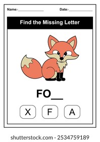 Children's worksheet with Find the Missing Letter game with a cut fox illustration. Kids fill in the missing letter from the word FOX using the provided options. Perfect for early learners.
