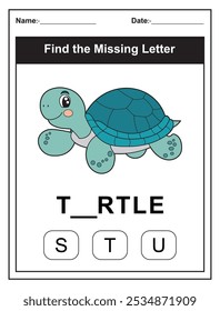 Children's worksheet with Find the Missing Letter game with a cute turtle illustration. Kids fill in the missing letter from the word TURTLE using the provided options. Perfect for early learners.