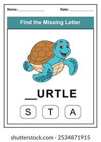 Children's worksheet with Find the Missing Letter game with a cute turtle illustration. Kids fill in the missing letter from the word TURTLE using the provided options. Perfect for early learners.
