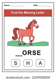 Hoja de trabajo para niños con el juego Find the Missing Letter con una ilustración de caballo cortado. Los niños rellenan la carta que falta de la palabra CABALLO utilizando las opciones proporcionadas. Perfecto para los estudiantes tempranos.
