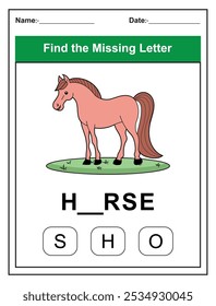 Children's worksheet with Find the Missing Letter game with a cut horse illustration. Kids fill in the missing letter from the word HORSE using the provided options. Perfect for early learners.