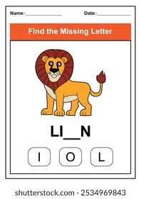 Children's worksheet with Find the Missing Letter game with a cut lion illustration. Kids fill in the missing letter from the word LION using the provided options. Perfect for early learners.
