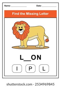 Children's worksheet with Find the Missing Letter game with a cut lion illustration. Kids fill in the missing letter from the word LION using the provided options. Perfect for early learners.
