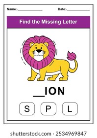 Children's worksheet with Find the Missing Letter game with a cut lion illustration. Kids fill in the missing letter from the word LION using the provided options. Perfect for early learners.
