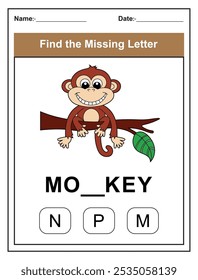 Children's worksheet with Find the Missing Letter game with a cut monkey illustration. Kids fill in the missing letter from the word MONKEY using the provided options. Perfect for early learners.
