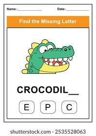 Children's worksheet with Find Missing Letter game with a cut crocodile illustration. Kids fill in the missing letter from the word CROCODILE using the provided options. Perfect for early learners.
