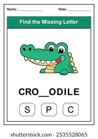 Children's worksheet with Find Missing Letter game with a cut crocodile illustration. Kids fill in the missing letter from the word CROCODILE using the provided options. Perfect for early learners.

