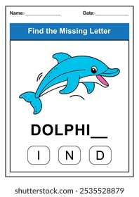 Children's worksheet with Find the Missing Letter game with a cut dolphin illustration. Kids fill in the missing letter from the word DOLPHIN using the provided options. Perfect for early learners.
