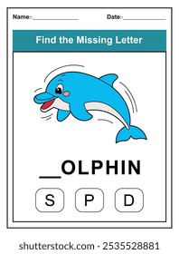 Children's worksheet with Find the Missing Letter game with a cut dolphin illustration. Kids fill in the missing letter from the word DOLPHIN using the provided options. Perfect for early learners.
