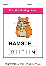 Kinderarbeitsblatt mit Finden Sie den fehlenden Buchstaben Spiel mit einem Schnitt Hamster Illustration. Kinder füllen den fehlenden Buchstaben des Wortes HAMSTER mit den angegebenen Optionen aus. Perfekt für junge Lernende.
