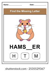 Kinderarbeitsblatt mit Finden Sie den fehlenden Buchstaben Spiel mit einem Schnitt Hamster Illustration. Kinder füllen den fehlenden Buchstaben des Wortes HAMSTER mit den angegebenen Optionen aus. Perfekt für junge Lernende.
