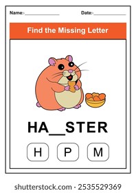 Children's worksheet with Find the Missing Letter game with a cut hamster illustration. Kids fill in the missing letter from the word HAMSTER using the provided options. Perfect for early learners.
