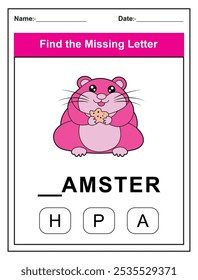 Kinderarbeitsblatt mit Finden Sie den fehlenden Buchstaben Spiel mit einem Schnitt Hamster Illustration. Kinder füllen den fehlenden Buchstaben des Wortes HAMSTER mit den angegebenen Optionen aus. Perfekt für junge Lernende.
