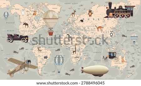 A children's world map with animals, cars, a steam locomotive, an airship, and balloons in retro style for printing on wallpaper and designing