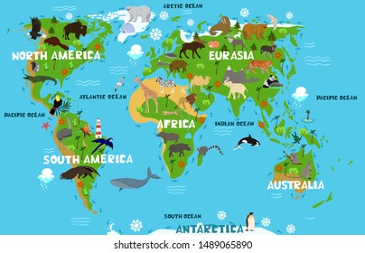 Children's world map with the names of continents and oceans. Animals on the mainland. Vector graphics.