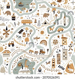 Children's World Map. Travel around the world play mat for Kids. Baby land map vector seamless pattern. Kid carpet with cute doodle roads, nature, city, village, forest, sea and wild animals etc. 