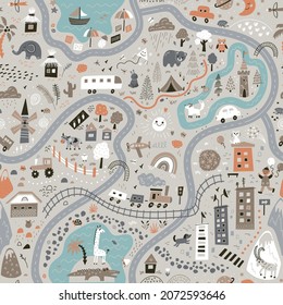 Children's World Map. Travel around the world play mat for Kids. Baby land map vector seamless pattern. Kids carpet with cute doodle roads, nature, city, village, forest, sea and wild animals etc. 