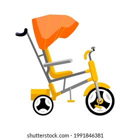 Bicicleta amarilla para niños con visera domo. Bicicleta, icono de triciclo. Objeto aislado vectorial plano sobre un fondo blanco.