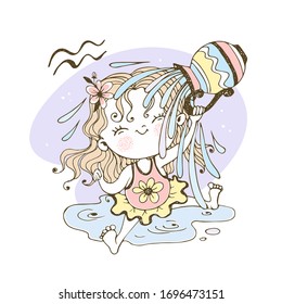 Children's zodiac. Aquarius Sign. The sweet girl is drenched in water. Vector.
