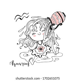 Children's zodiac. Aquarius Sign. The sweet girl is drenched in water. Vector.