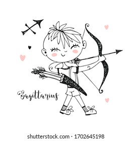 Children's zodiac. Sagittarius sign. Boy with a bow. Vector.  Black and white.