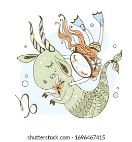 Children's zodiac. Sign Of Capricorn. A girl swims with a fabulous Capricorn. Vector.