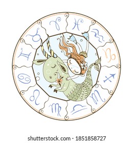 Children's zodiac. Sign Of Capricorn. A girl swims with a fabulous Capricorn. Vector.