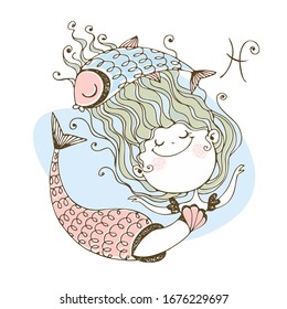 Children's zodiac. The zodiac sign Pisces. Cute little mermaid. Vector.