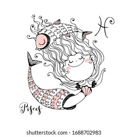 Children's zodiac. The zodiac sign Pisces. Cute little mermaid. Vector.