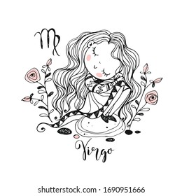 Children's zodiac. Sign Of Virgo. Cute girl sitting on a rock. Vector. Black-white.
