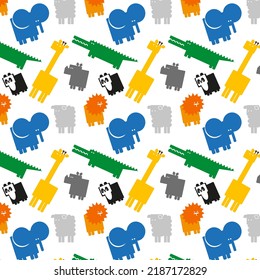 Children's zoo animal pattern vector illustration. Giraffe, elephant, rhino, lion, panda, crocodile, sheep. Minimalist animals