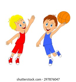children,two boys playing basketball, illustration, vector
