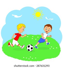 children,two boys playing football on a green meadow, illustration, vector