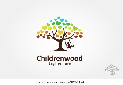 Childrenwood Vector Logo Illustration. A love tree with a child play the swing under the tree, this logo symbolize a protection, peace,tranquility, growth, and care or concern to development