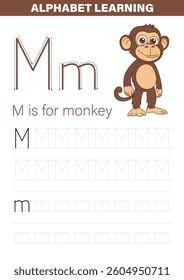 A child's alphabet learning sheet featuring the letter M, monkey, and handwriting practice lines to help children with their writing skills.