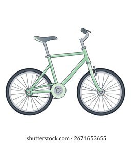 Kinderfahrrad im Profil, saubere Vektorkunst, zweifarbige Palette aus Minzgrün und Weichgrau, einfache geometrische Formen für Rahmen und Räder, saubere Linien einzeln auf einfarbigem weißem Hintergrund