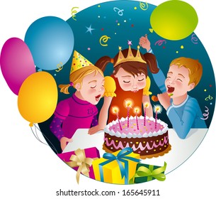 Child's birthday party - kids having fun, blowing candles on cake. Balloons, whistles, presents. Vector illustration