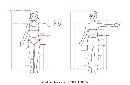 A child's body size chart. Measurements for tailoring clothes. Children anatomy. A measure of a kid. A girl, a boy standing in a full length with one arm spread out. A vector contour illustration.