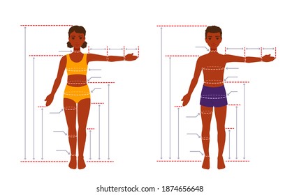 A child's body size chart. Measurements for tailoring clothes. Children anatomy. A measure of a kid. A girl, a boy standing in a full length with one arm spread out. A vector cartoon illustration.