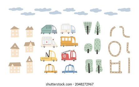Child's city cars set with cute houses and trees. Funny transport. Cartoon vector illustration in simple childish hand-drawn Scandinavian style for kids. The fire engine, ambulance, police, bus.
