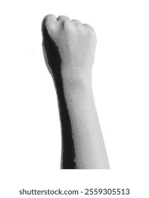 Childs clenched fist gesture. Symbol of strength, power, and protest, expressing joy, success, or conflict. Small hand showing determination and childhood energy. Retro-style