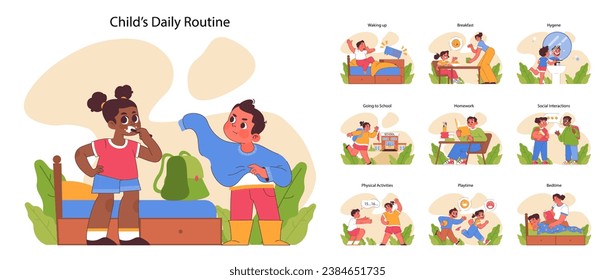 Child's daily routine set. Kids experiencing daily moments from waking up to bedtime. Breakfast, school, playtime, and social interactions. Learning self-discipline. Flat vector illustration