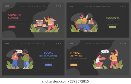 Child's daily routine set. Kids experiencing daily routine moments. Going to school, studying, talking with friends, doing homework. Learning self-discipline. Flat vector illustration