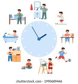 Childs daily routine table with cute boy engaged in his daily activity, cartoon vector illustration isolated on white background. Infographic with kids daily time table.