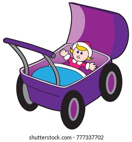 A child's doll is about to take a ride in a baby carriage