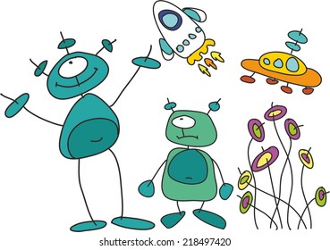 child's drawing of aliens. vector