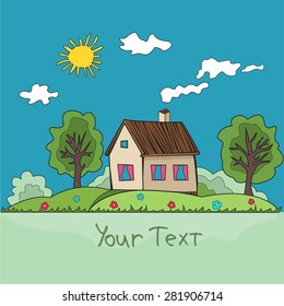 Child's drawing beautiful landscape. big house. vector illustrations