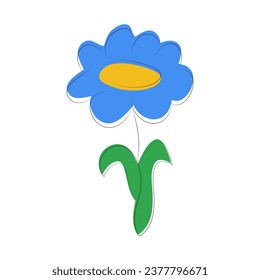 Child's drawing of a blue flower. Field Chamomile or Cornflower. Botany, nature. Plant. Hand drawn. Color image with outline. Isolated object. Vector illustration